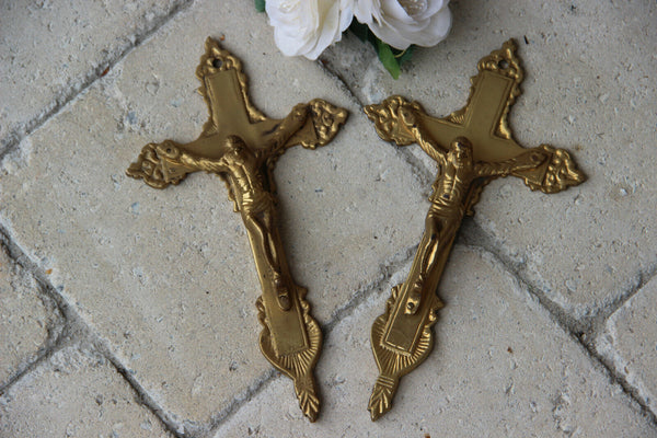 PAIR antique French Bronze Crucifix Crosses religious