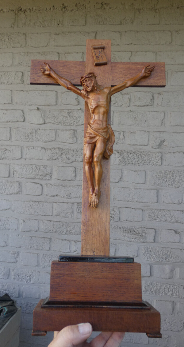 Antique french wood carved standing crucifix christ corpus