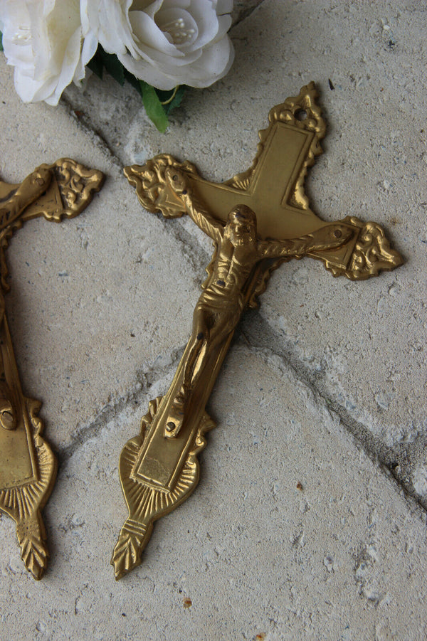 PAIR antique French Bronze Crucifix Crosses religious