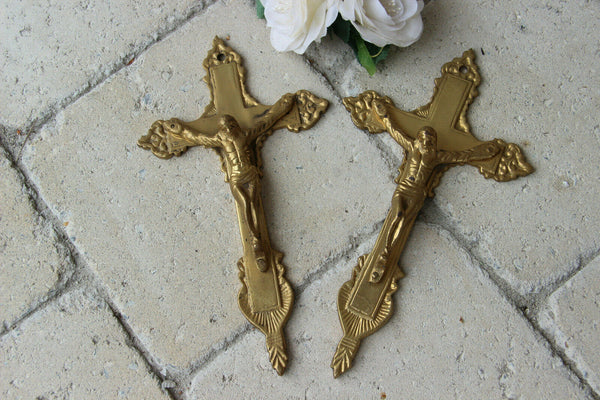 PAIR antique French Bronze Crucifix Crosses religious