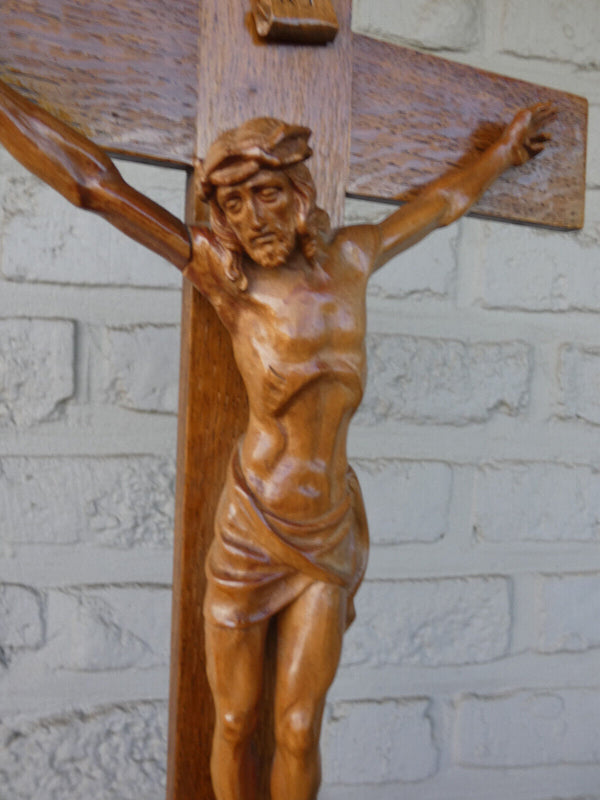 Antique french wood carved standing crucifix christ corpus