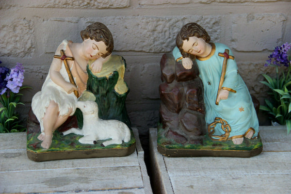 Antique pair Jesus john baptist children chalkware religious figurine statue