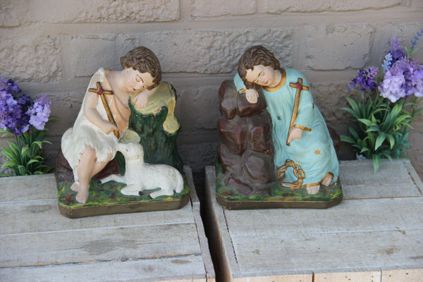 Antique pair Jesus john baptist children chalkware religious figurine statue