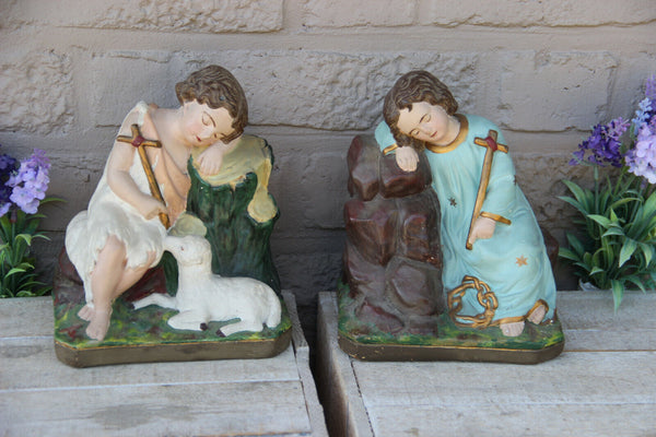 Antique pair Jesus john baptist children chalkware religious figurine statue