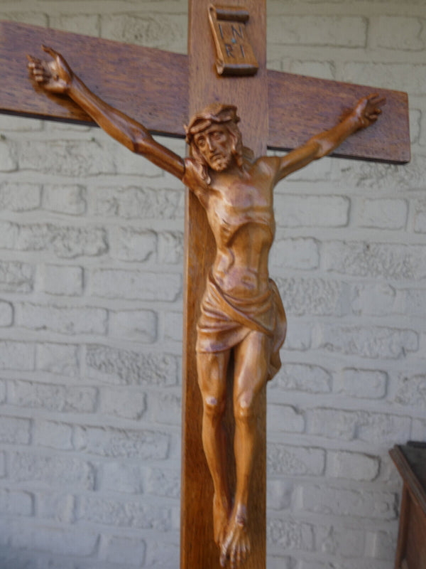 Antique french wood carved standing crucifix christ corpus