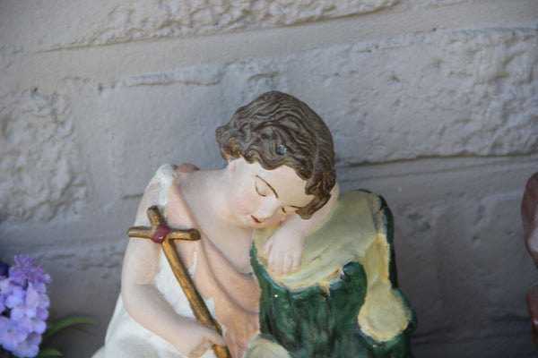 Antique pair Jesus john baptist children chalkware religious figurine statue