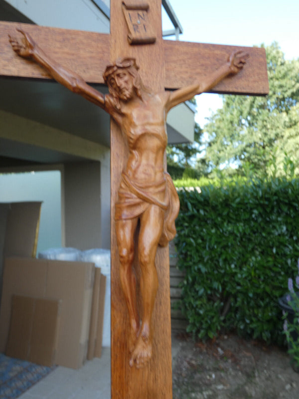 Antique french wood carved standing crucifix christ corpus