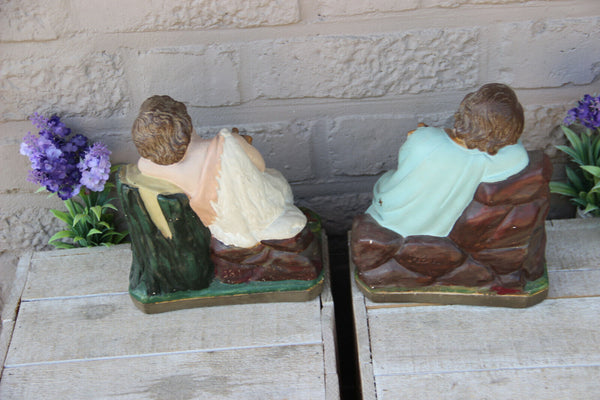 Antique pair Jesus john baptist children chalkware religious figurine statue