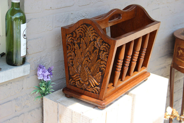 1960s Vintage wood carved oriental bird decor magazine newspaper rack holder