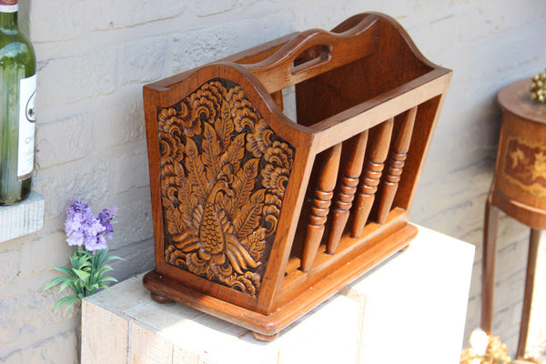 1960s Vintage wood carved oriental bird decor magazine newspaper rack holder