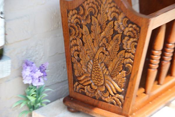 1960s Vintage wood carved oriental bird decor magazine newspaper rack holder
