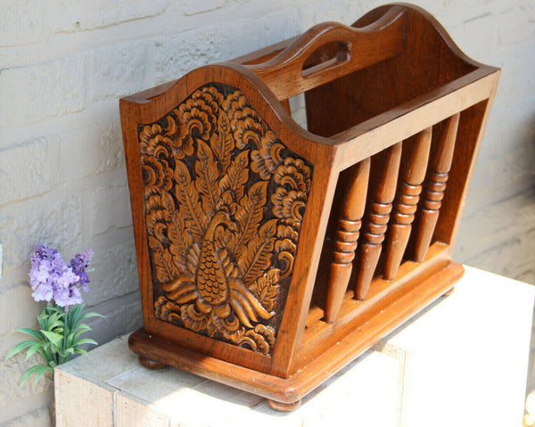 1960s Vintage wood carved oriental bird decor magazine newspaper rack holder