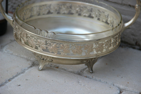 Vintage French metal silver patina Crystal glass centerpiece bowl