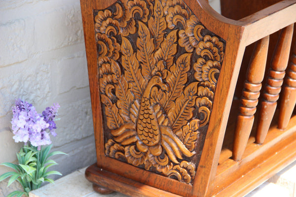 1960s Vintage wood carved oriental bird decor magazine newspaper rack holder