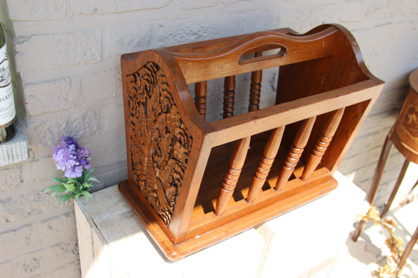 1960s Vintage wood carved oriental bird decor magazine newspaper rack holder