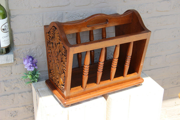1960s Vintage wood carved oriental bird decor magazine newspaper rack holder
