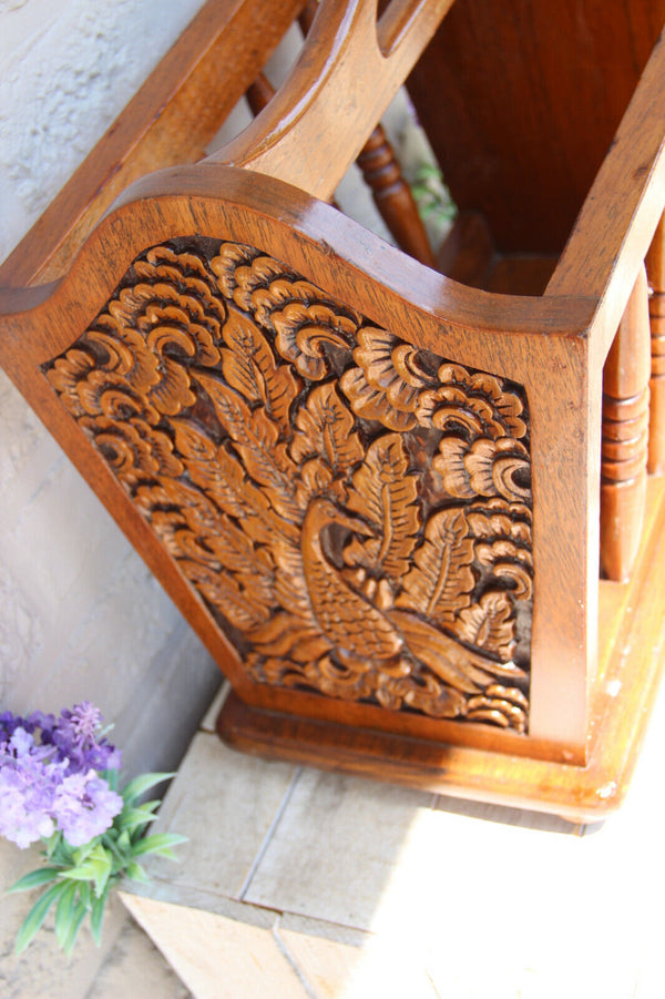 1960s Vintage wood carved oriental bird decor magazine newspaper rack holder