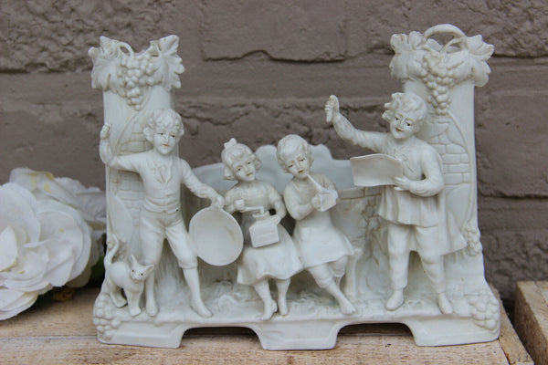 Antique German bisque porcelain group statue planter vase music playing figurine