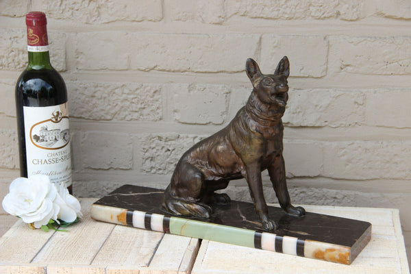 Antique ART DECO 1930 Spelter bronze german sheperd dog marble base statue