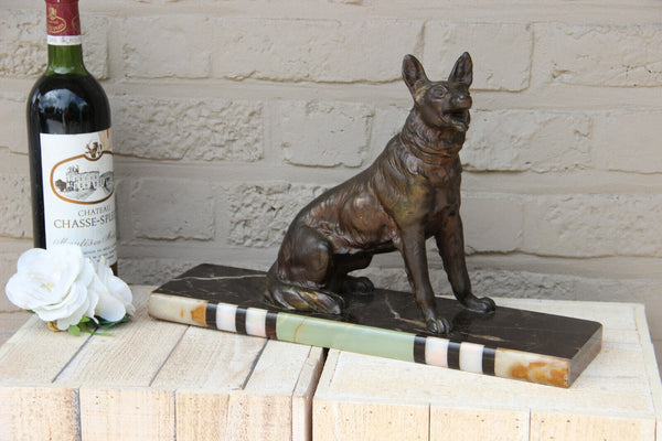 Antique ART DECO 1930 Spelter bronze german sheperd dog marble base statue