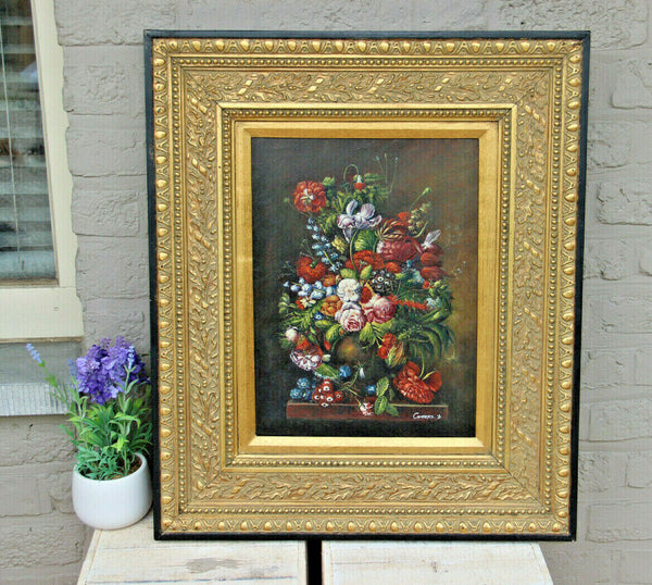 Flemish school oil panel still life flower bouquet signed framed 1950