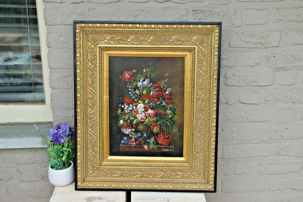 Flemish school oil panel still life flower bouquet signed framed 1950