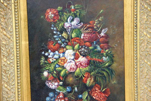 Flemish school oil panel still life flower bouquet signed framed 1950