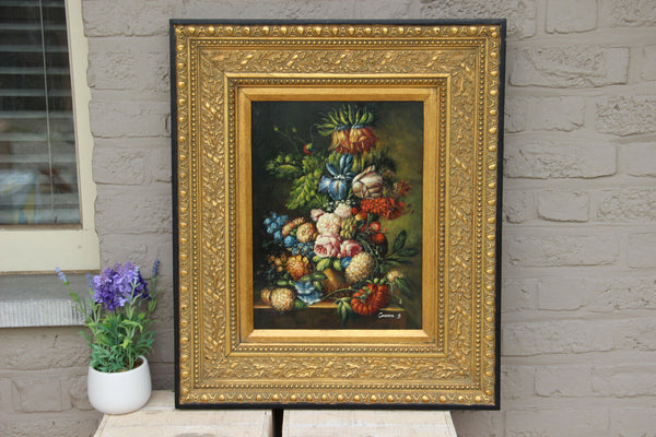 Flemish school oil panel still life flower bouquet signed framed 1950