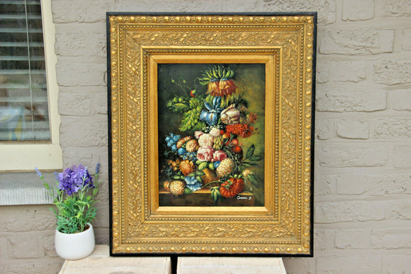 Flemish school oil panel still life flower bouquet signed framed 1950