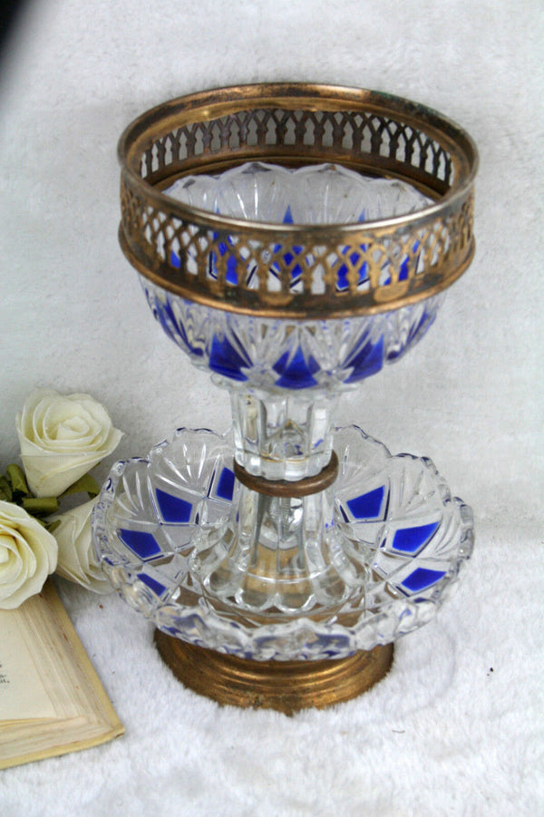 Vintage french Table centerpiece bowl candy blue crystal clear glass crystal cut