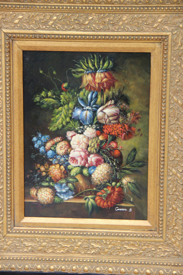 Flemish school oil panel still life flower bouquet signed framed 1950