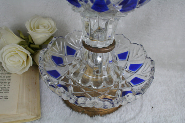 Vintage french Table centerpiece bowl candy blue crystal clear glass crystal cut