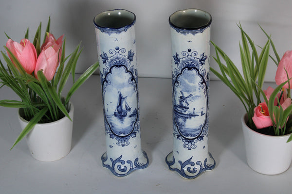 PAIR vintge dutch delft pottery Vases sailboat mill  scene