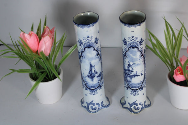 PAIR vintge dutch delft pottery Vases sailboat mill  scene