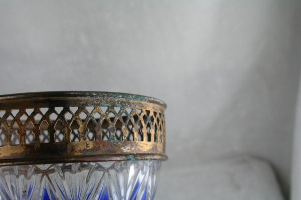 Vintage french Table centerpiece bowl candy blue crystal clear glass crystal cut