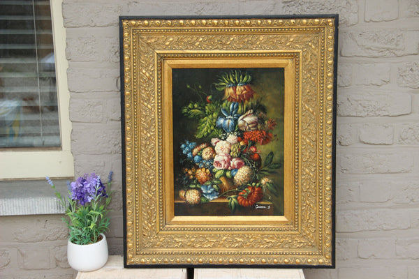 Flemish school oil panel still life flower bouquet signed framed 1950