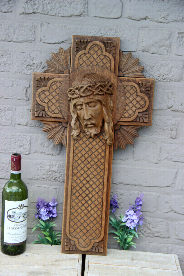 Rare Large Antique French religious wood carved christ portrait Crucifix Cross