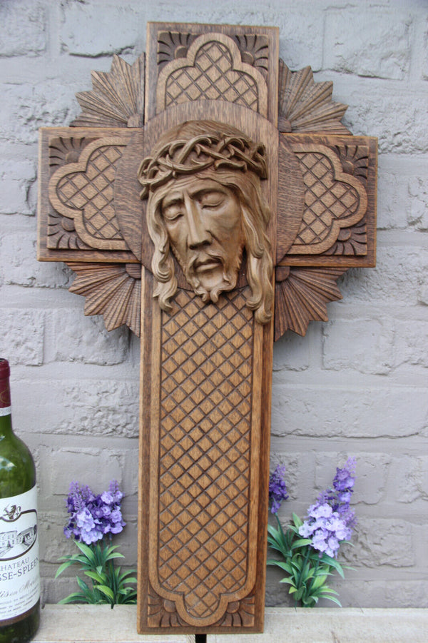 Rare Large Antique French religious wood carved christ portrait Crucifix Cross