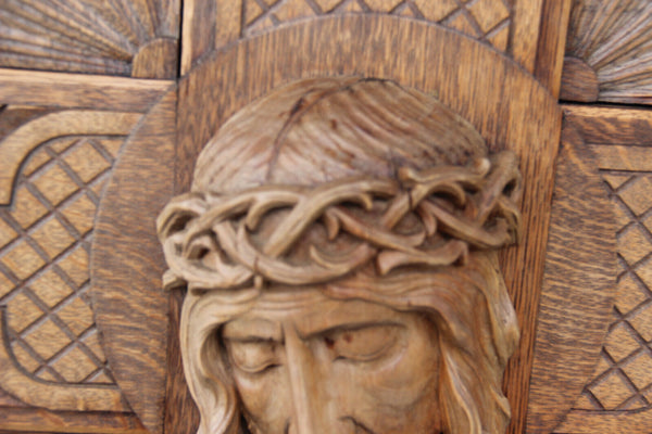 Rare Large Antique French religious wood carved christ portrait Crucifix Cross