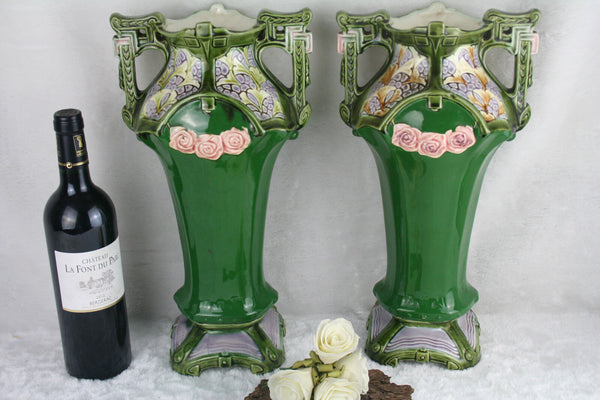 Antique pair art nouveau barbotine Vases marked