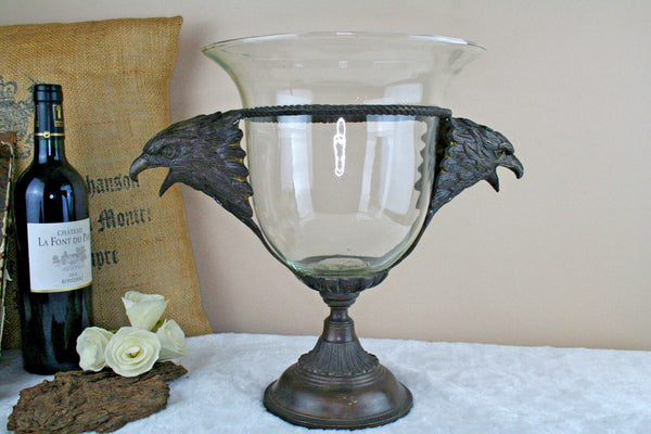 French 1970 cast spelter bronze eagle handles glass centerpiece bowl