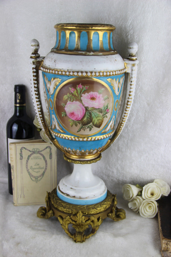 Large French porcelain Vase Louis XVI Brass base romantic scene floral Rare