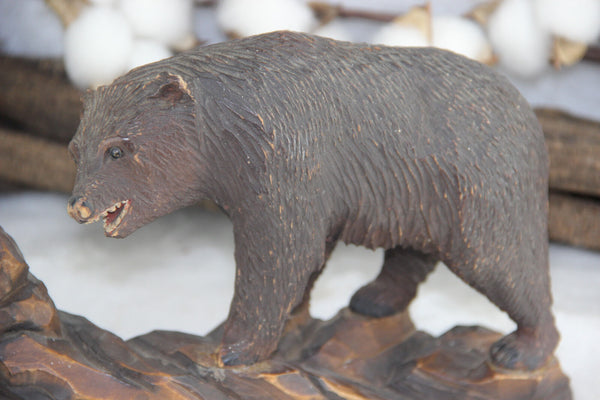 Wood Hand Carved Black Forest Bear Barometer Stand  German 1950s signed