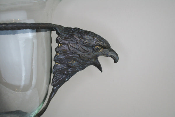 French 1970 cast spelter bronze eagle handles glass centerpiece bowl