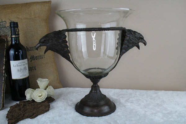 French 1970 cast spelter bronze eagle handles glass centerpiece bowl