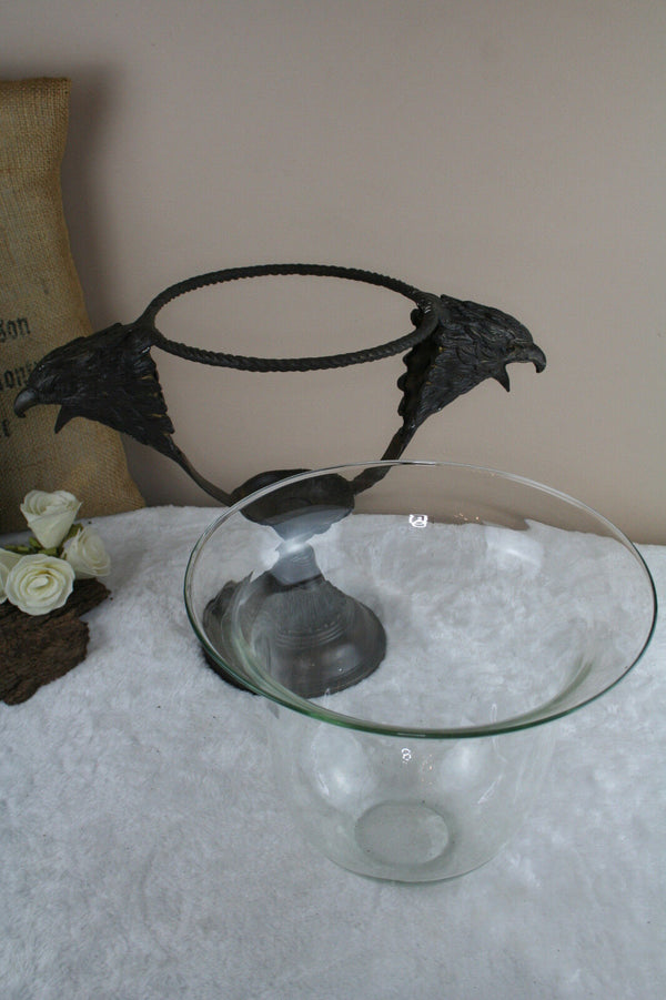 French 1970 cast spelter bronze eagle handles glass centerpiece bowl