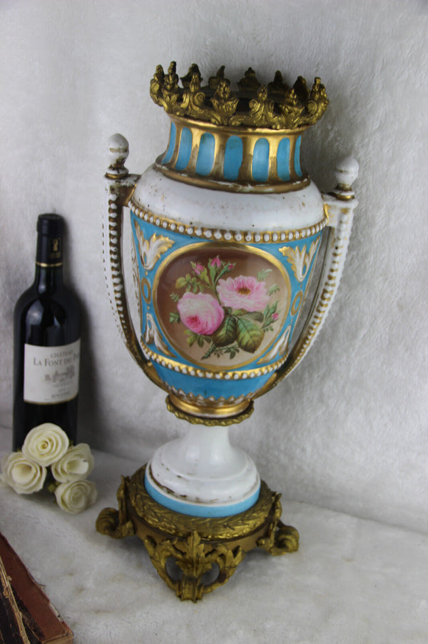 Large French porcelain Vase Louis XVI Brass base romantic scene floral Rare