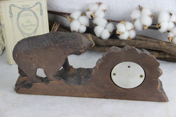 Wood Hand Carved Black Forest Bear Barometer Stand  German 1950s signed