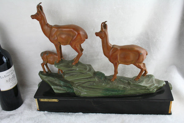 XL ART Deco 1930 French LIMOUSIN marked plaque Statue sculpture chamois group