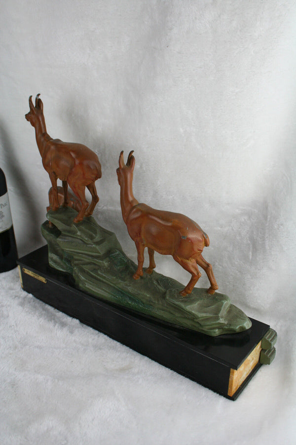 XL ART Deco 1930 French LIMOUSIN marked plaque Statue sculpture chamois group